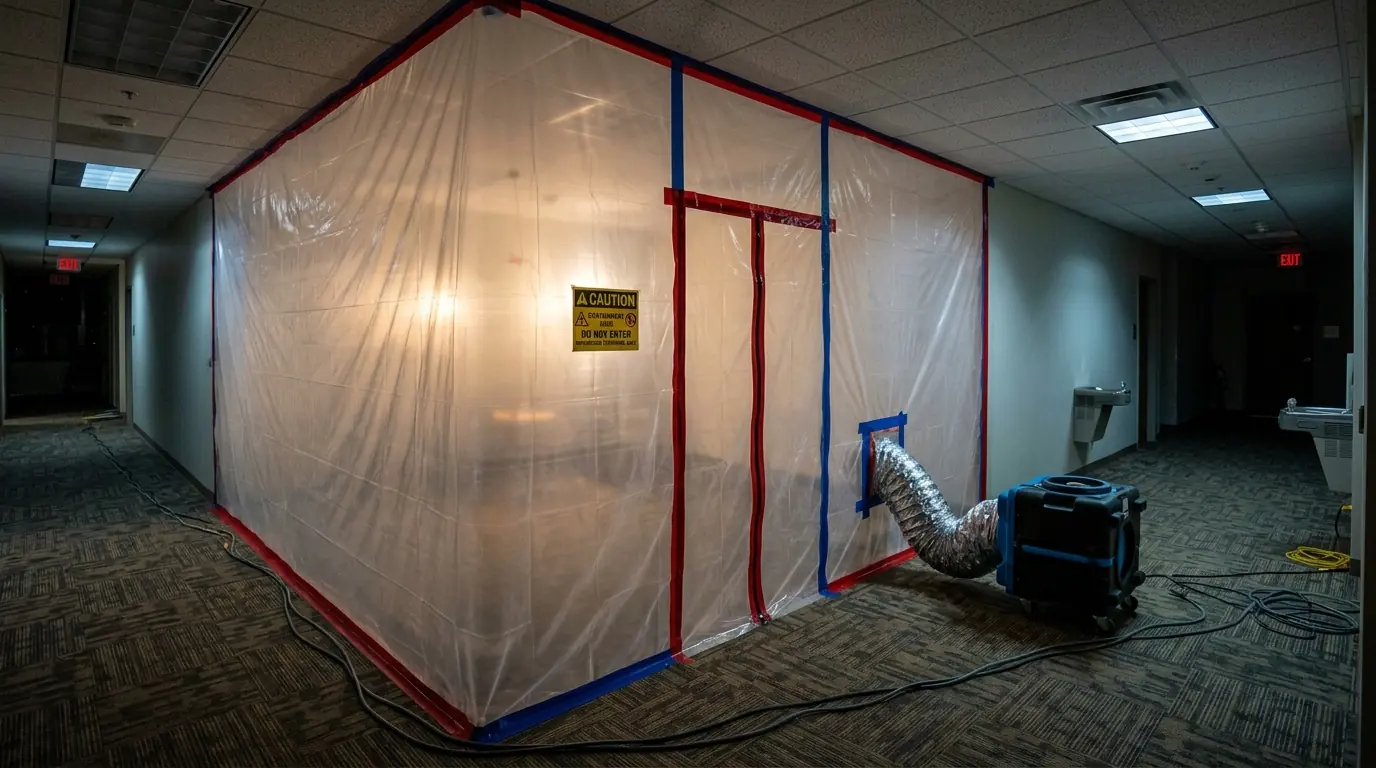 After-hours containment in an office corridor during commercial mold remediation in Newark, NJ