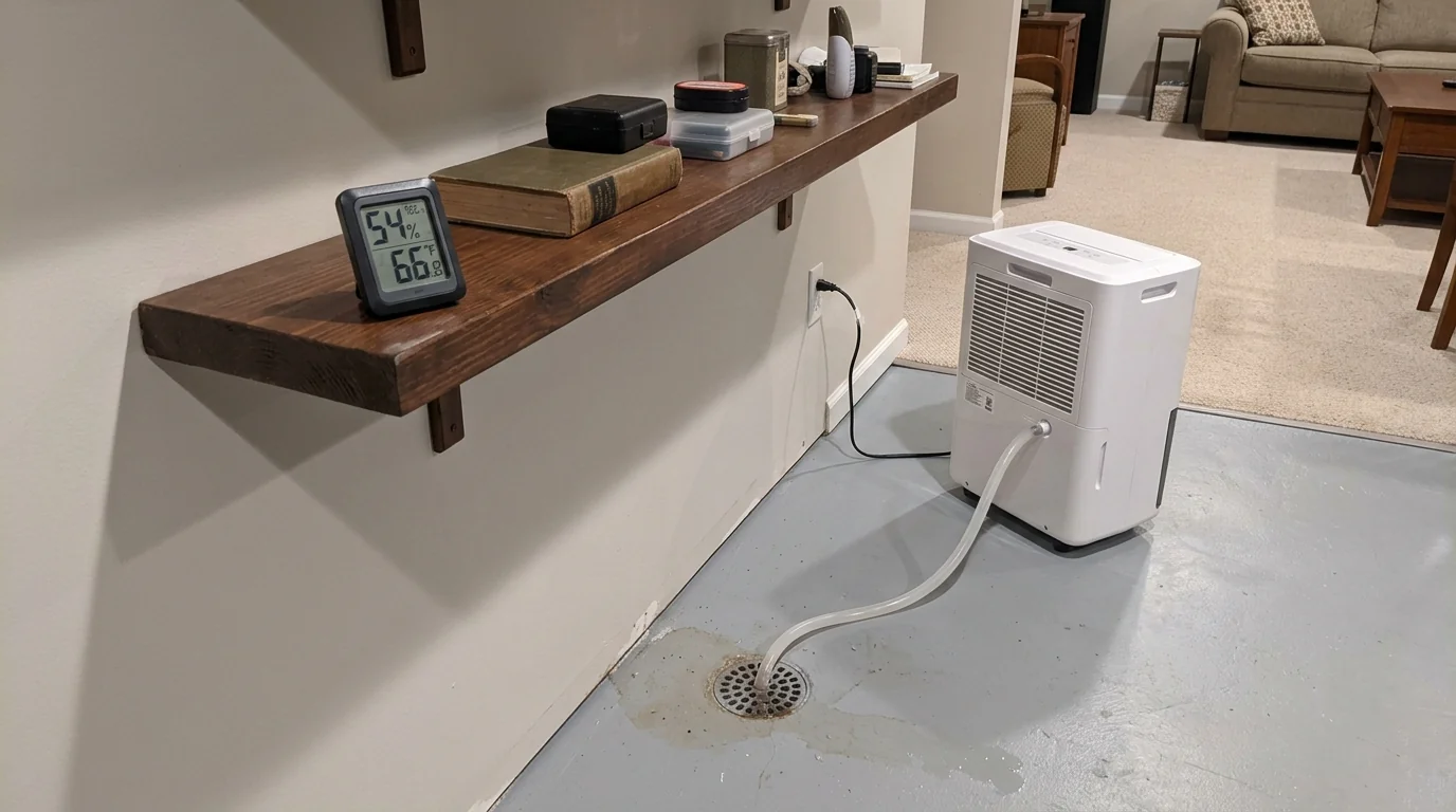 Hygrometer and dehumidifier in a New Jersey basement