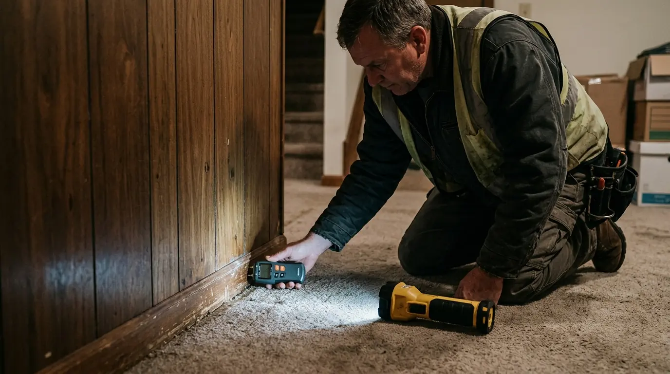 Moisture meter reading on finished basement paneling during a Newark mold inspection