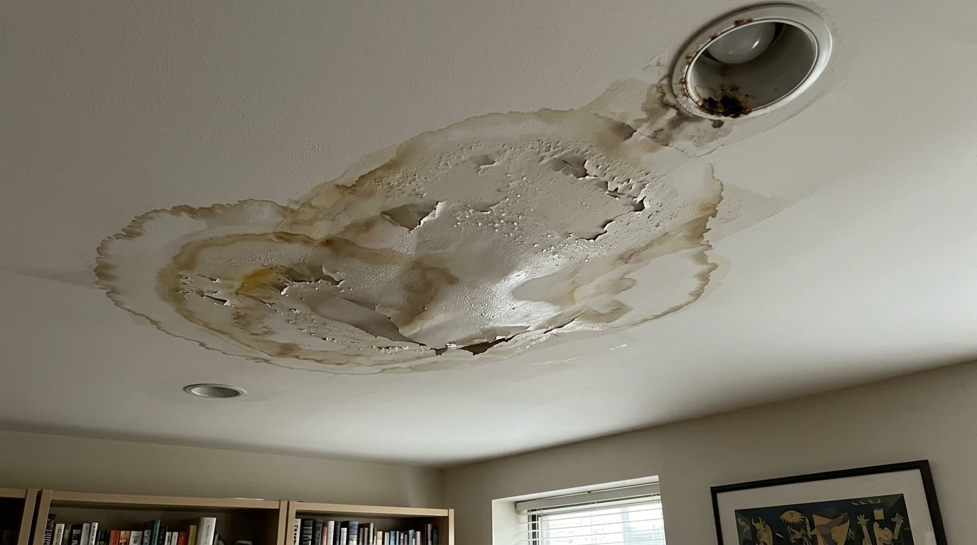 Ceiling stain from an upstairs unit leak in a Newark condo