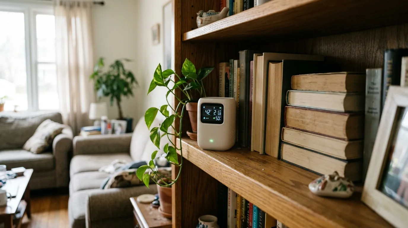 Indoor air quality meter taking readings in a Newark, NJ living room