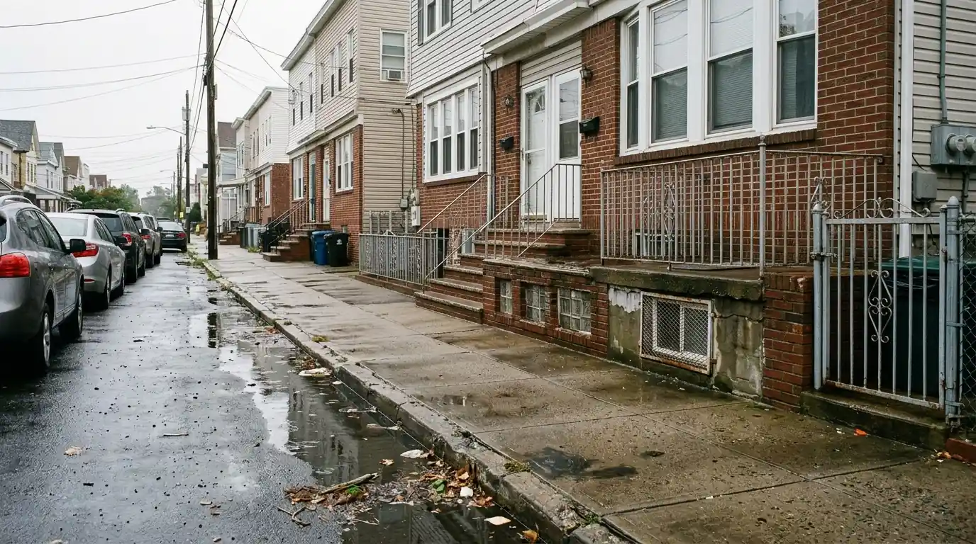 Two-family houses on a flooded Bayonne, NJ street after heavy rain