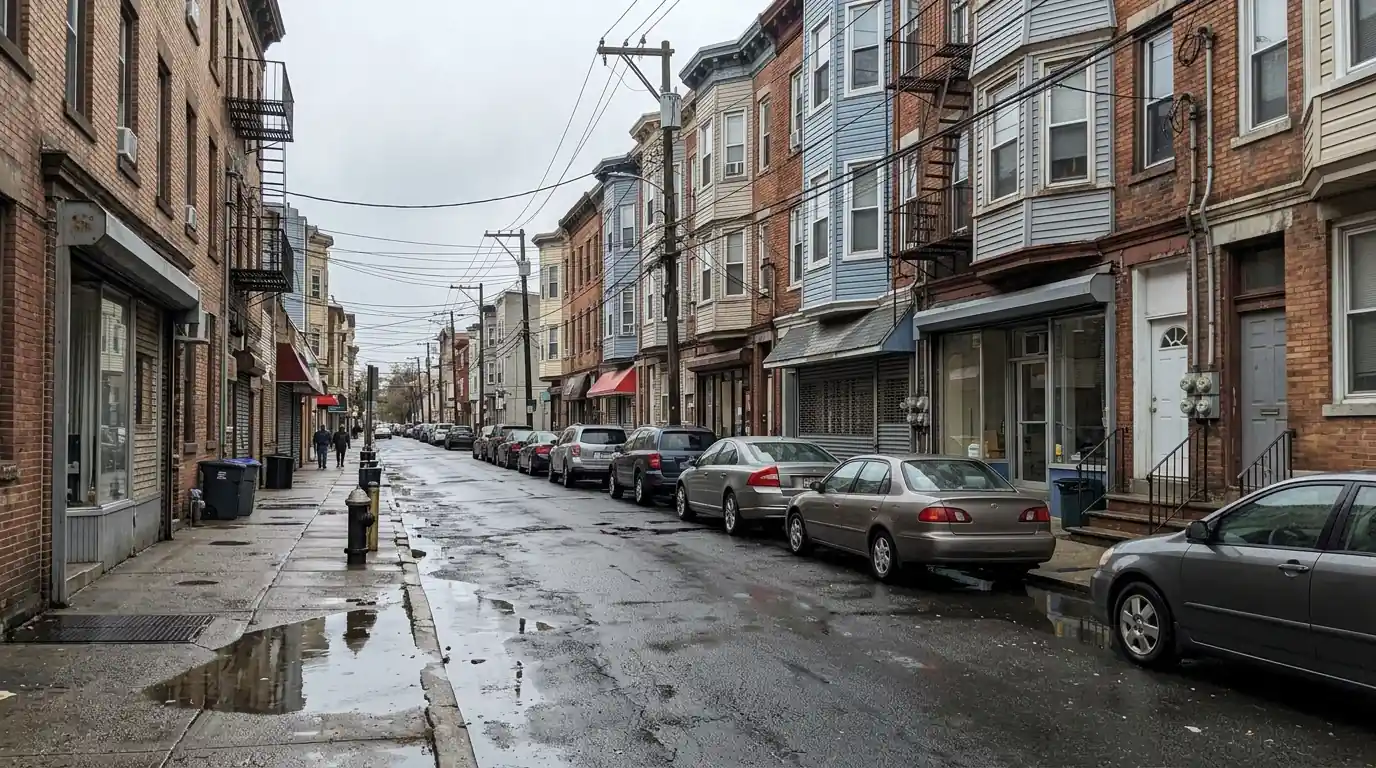 Attached houses and storefronts on a rainy street in the Ironbound, Newark, NJ