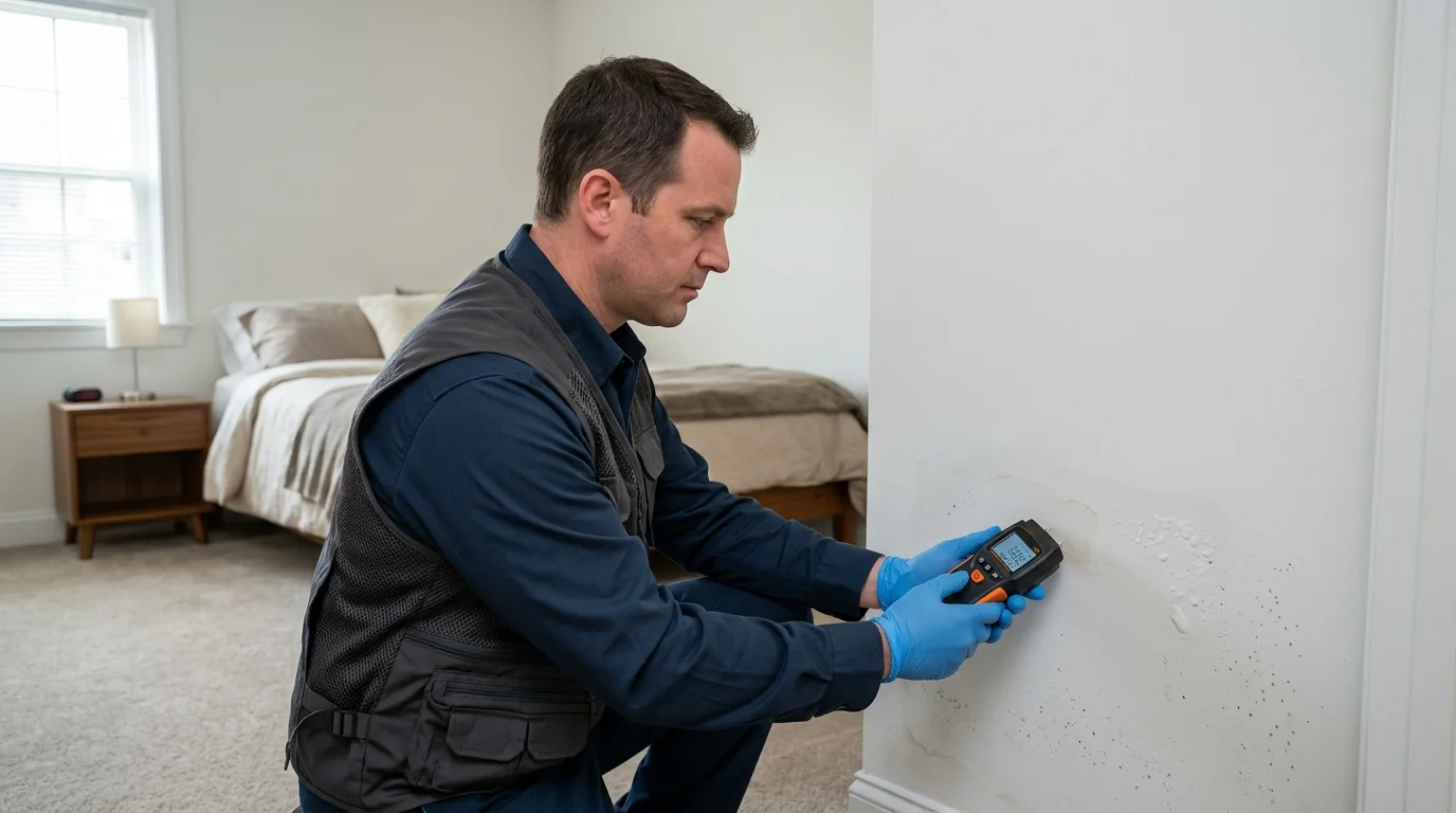 Inspector documenting a wall stain in a Newark apartment