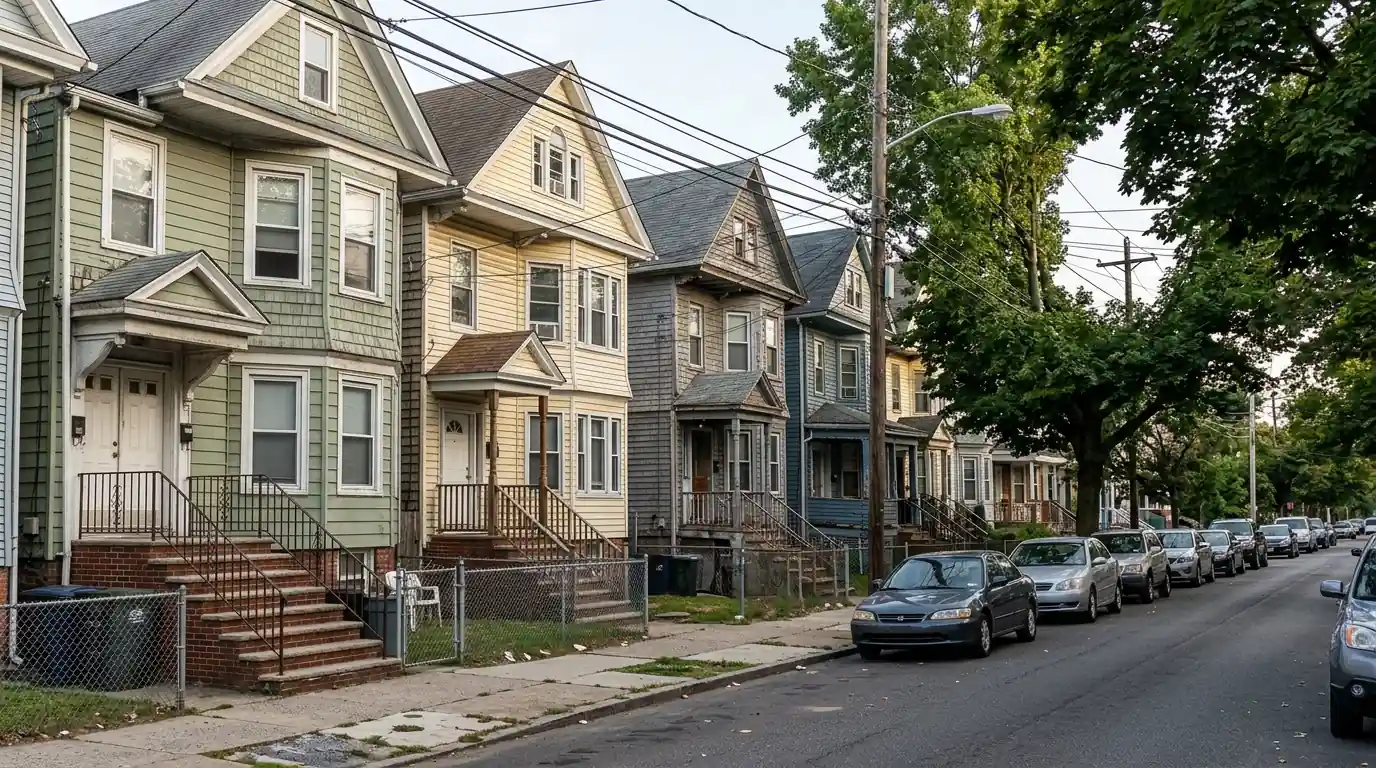 Older frame houses on a residential Clinton Hill street in Newark, NJ