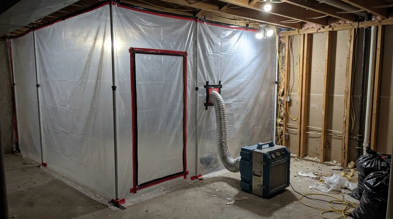 Contained basement mold removal with drywall cut to the studs in Newark, NJ