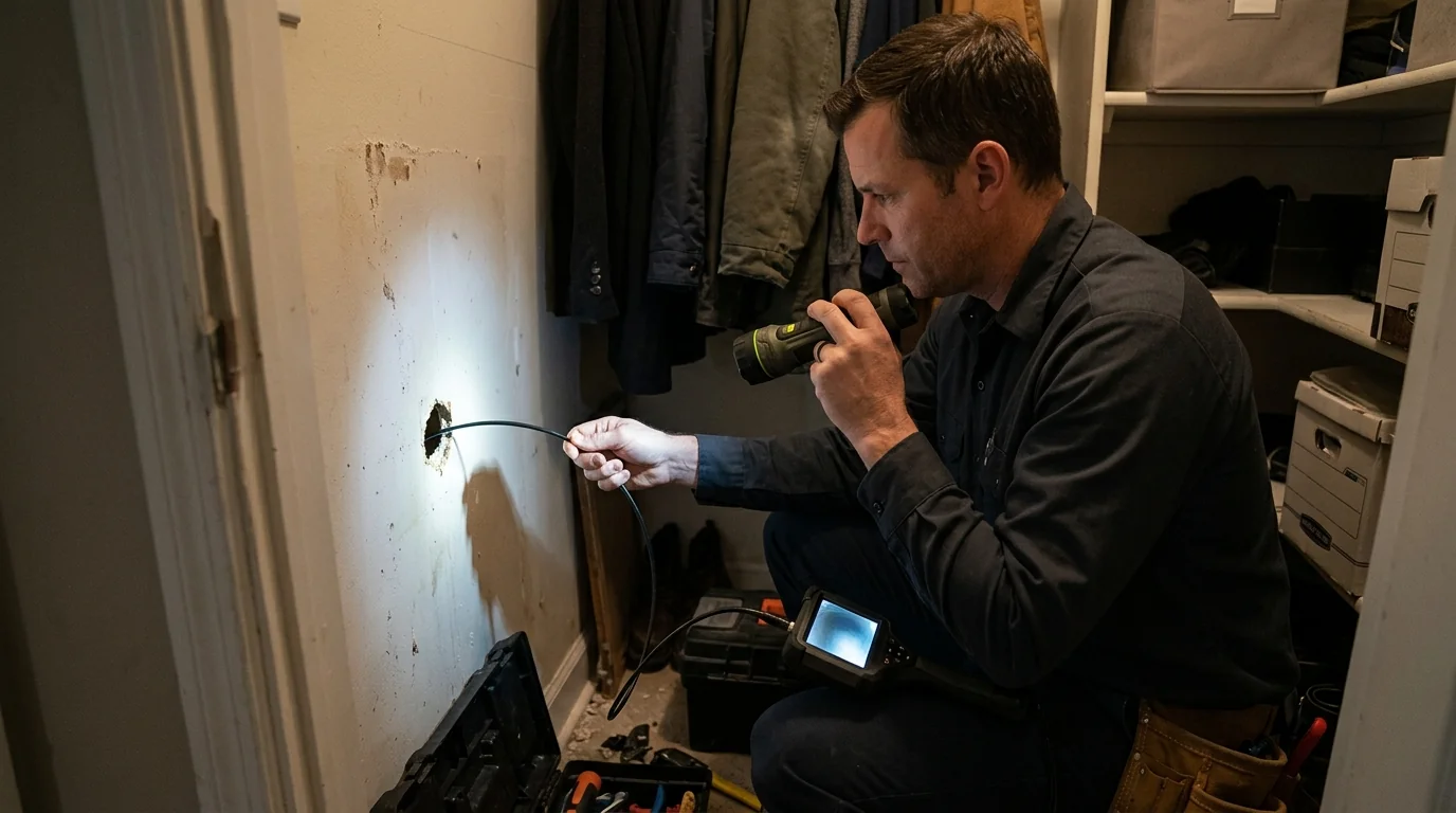 Borescope inspection inside a closet wall to trace a musty smell in Newark, NJ