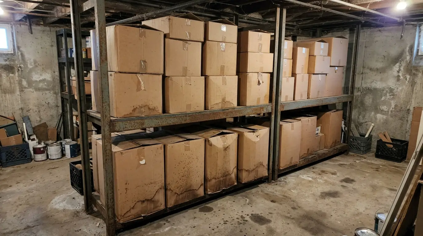 Moldy cardboard storage boxes in a Newark basement