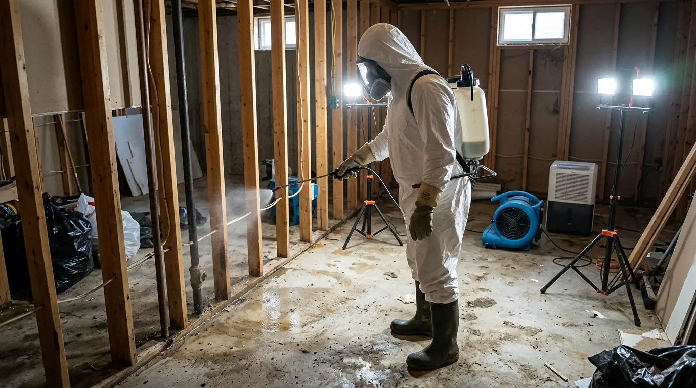 Antimicrobial applied to basement framing after a flood near Newark