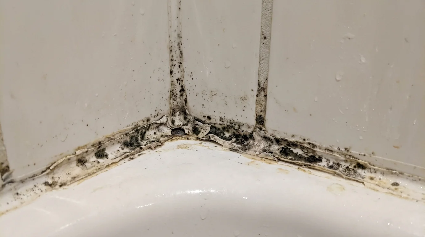 Moldy caulk and grout along a bathtub in a Newark bathroom