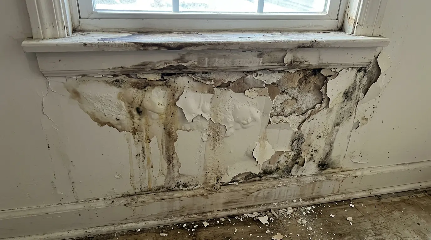 Water damaged drywall below a window in a Newark home