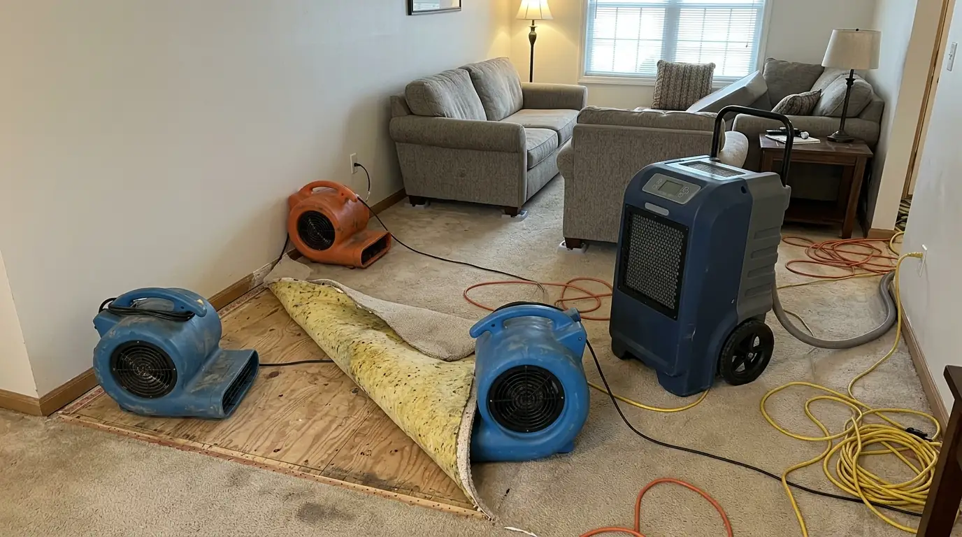 Air movers and a dehumidifier drying a room after a leak in Newark, NJ