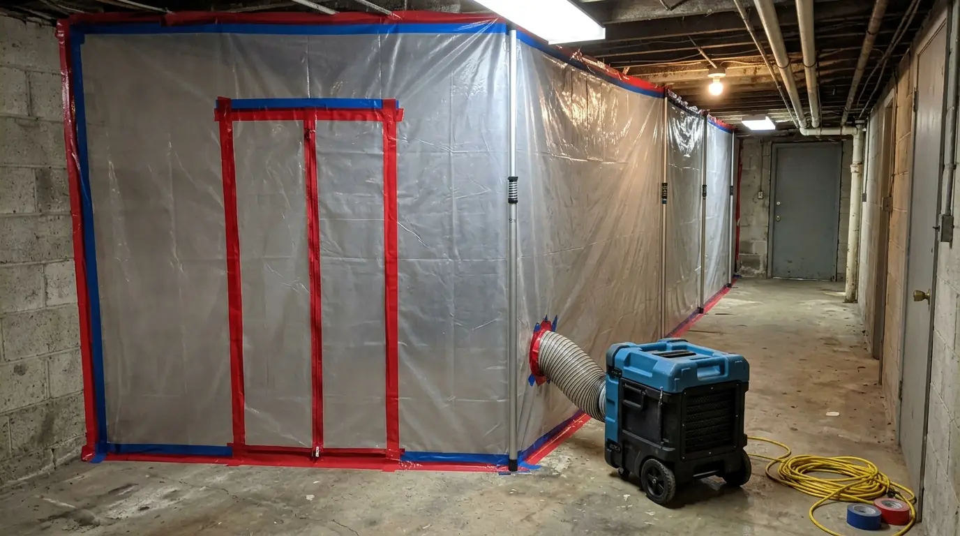 Plastic containment and a HEPA air scrubber set up for mold removal in Newark