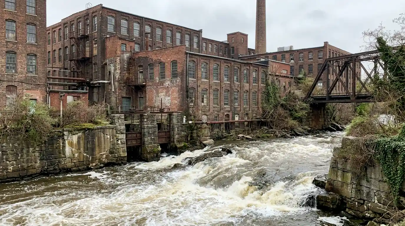The Passaic River running high beside old mill buildings in Paterson, NJ