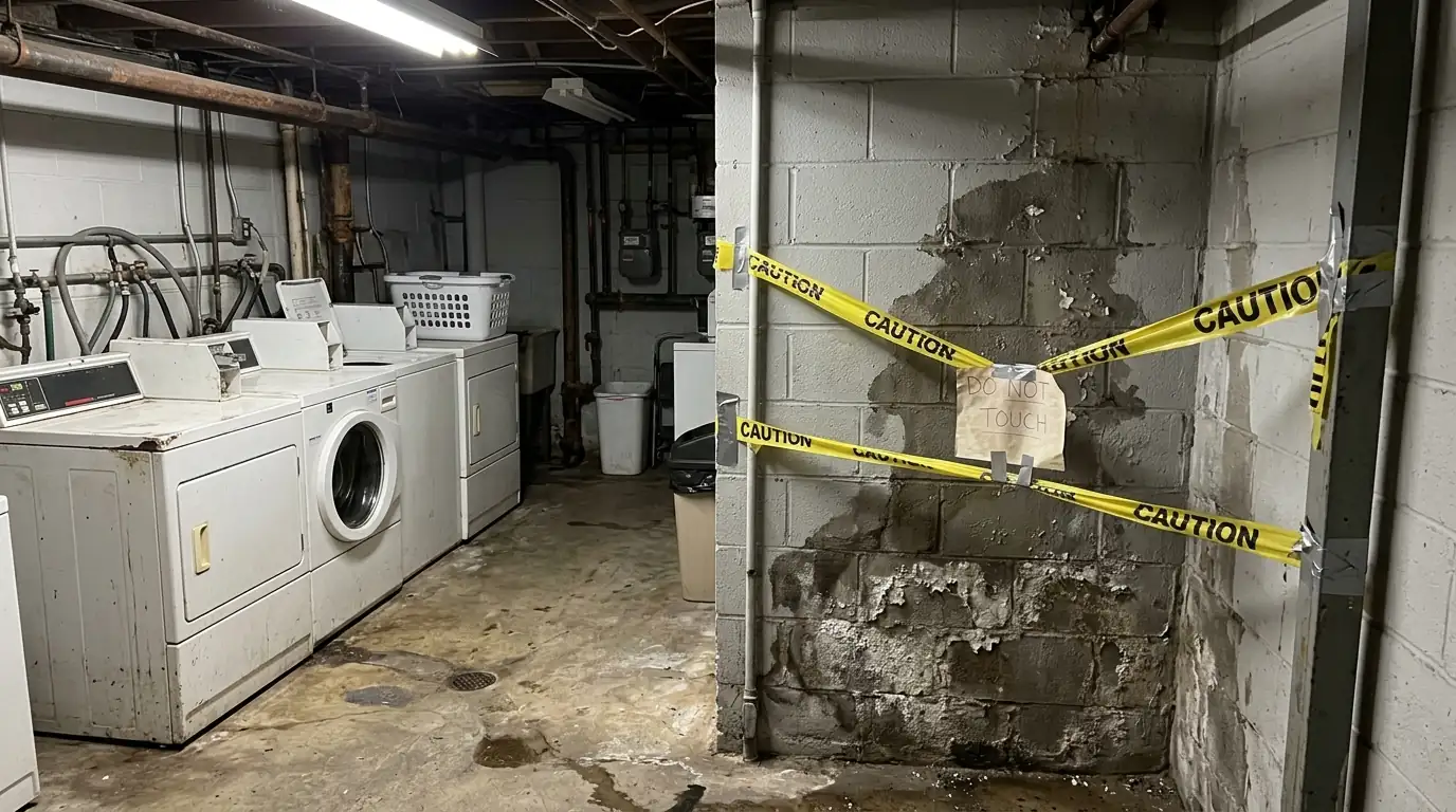 Common basement laundry room in a Newark apartment building prepared for mold removal