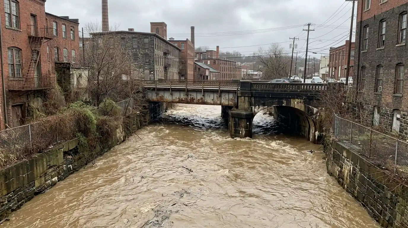 The Passaic River running high in Passaic County, NJ
