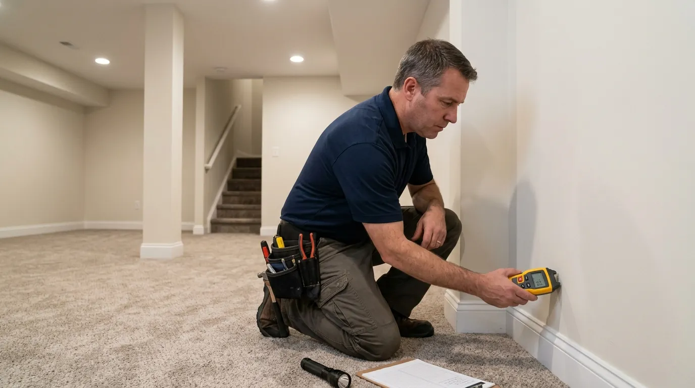 Inspector checking new basement drywall for hidden moisture during a North Jersey home purchase