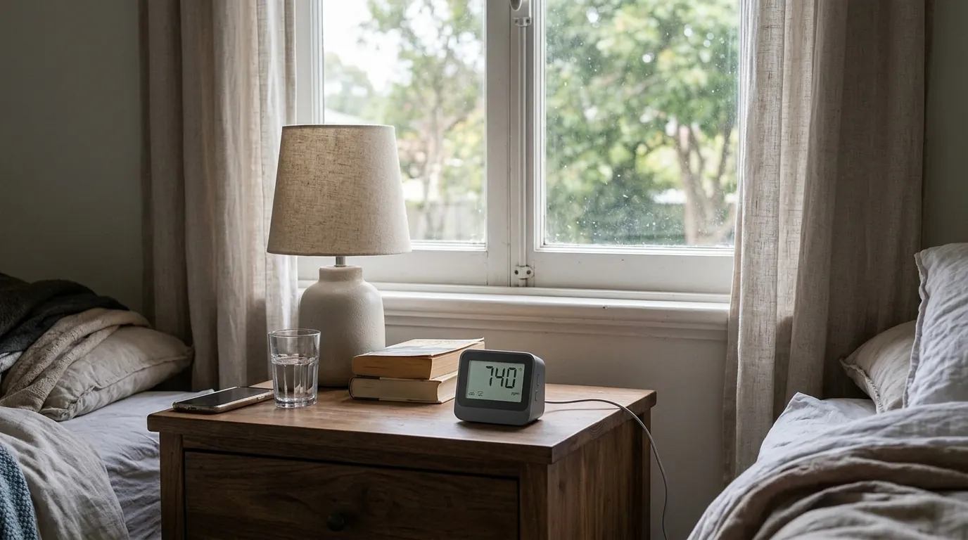 Carbon dioxide monitor in a closed bedroom during air testing in Newark