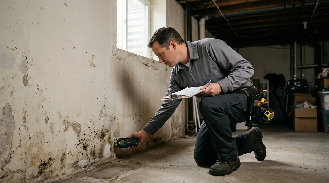 Mold inspector taking basement wall readings in a Newark, NJ home